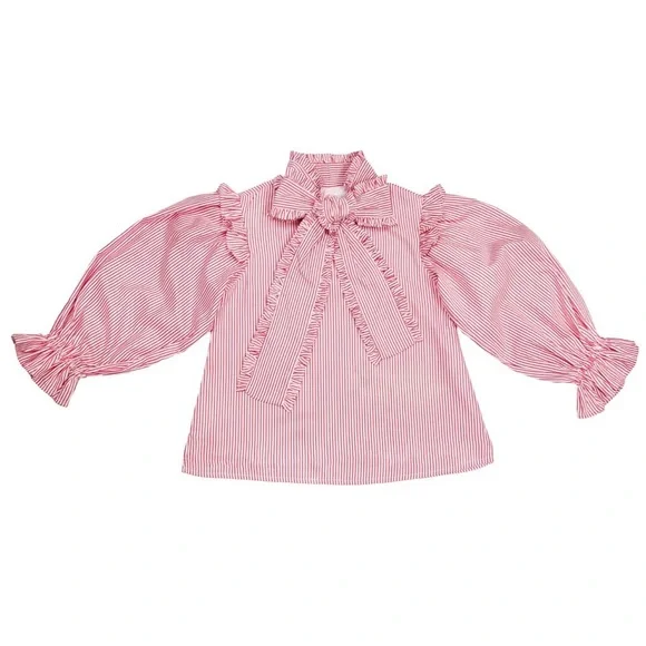 Elizabeth Wilson Pink Striped Ruffle Bow-Front Button Down Blouse - Women - Picture 2 of 3